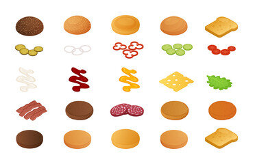 Set of ingredients for burgers and sandwiches. Stickers with buns, vegetables, meat, bacon and sauces. Design for fast food menus. Cartoon isometric vector collection isolated on white background