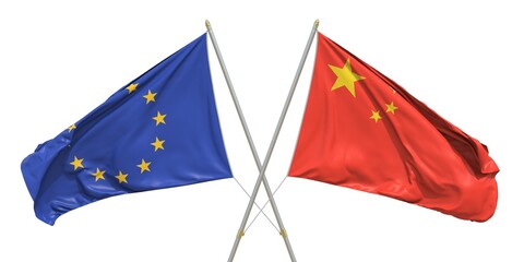 Flags of China and the European Union EU on white background. 3D rendering