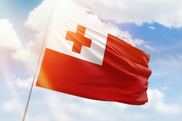 Sunny blue sky and a flagpole with the flag of tonga