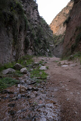 Obraz premium View of the stream flowing across the rocky canyon besides the hiking path.