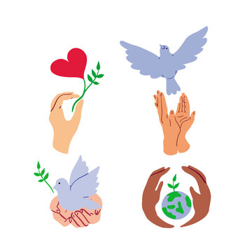 Nature protection emblems.Hands with dove,planet,heart.Environmental protection.Eco symbols.Vektor illustration.