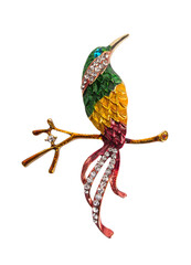 Luxurious multicolored bird brooch with sparkling rhinestones. Fashion jewelry, isolated.