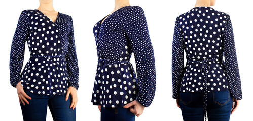 Beautiful dark blue female blouse with big and small polka dots on the girl, front, angle and back views, isolated.