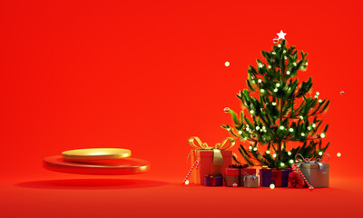 3d rendering red background with podium showcase product christmas