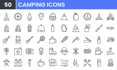 Camping and Outdoor Activity vector line icon set. Contains linear outline icons like Hiking, Travel, Picnic, Fire, Fish, Mountain, Tree, Backpack, Compass, Tent, Shovel. Editable use and stroke.