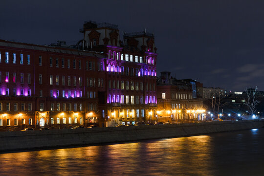 Moscow, Russia. Night view of the Moscow river and building of fomer Chocolate Factory 'Red October'. April