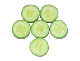 Top view of fresh cucumber slices isolated on white background with clipping path