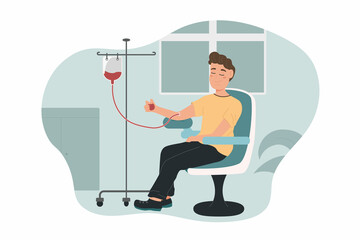 Donating Blood. World Blood Donor Day Illustration with man. Save Lives Give Blood. Vector hand drawn isolated illustration.