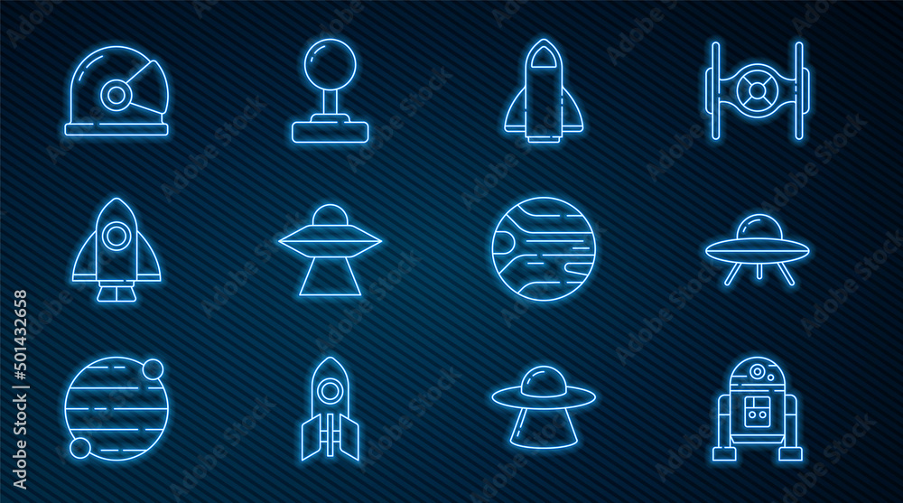 Poster set line robot, ufo flying spaceship, rocket, astronaut helmet, planet and joystick icon. vector