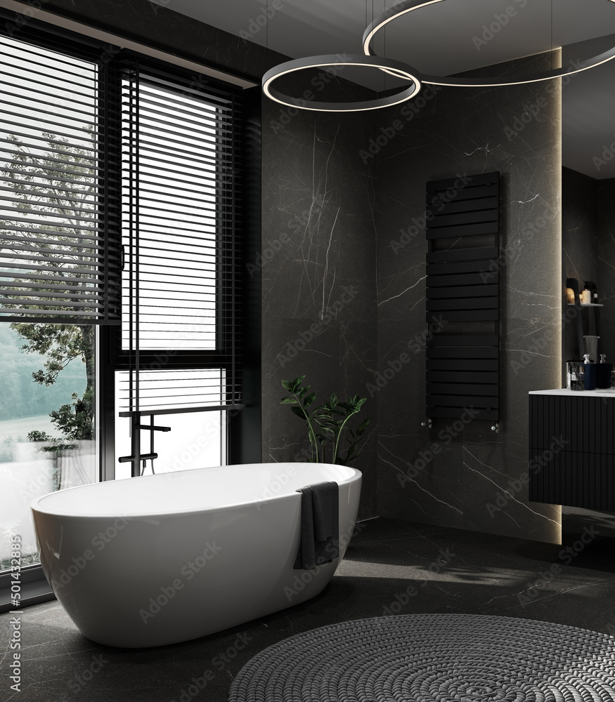 Wall mural Modern luxury black bathroom with black marble tile, bathtub, plant and large windows nature light shining in to the room, 3d rendering