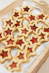 Star shaped linzer cookie strawberry jam