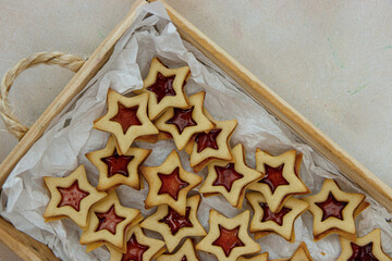 Star shaped linzer cookie strawberry jam