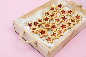 Star shaped linzer cookie strawberry jam