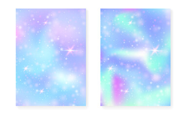 Rainbow background with kawaii princess gradient. Magic unicorn hologram.
