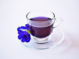 Cup of tea with blue flowers isolated on white background herb tea