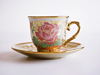 Vintage cup of tea with saucer isolated on white background ,Antique tea cup with golden rose...