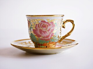 Vintage cup of tea with saucer isolated on white background ,Antique tea cup with golden rose pattern English style