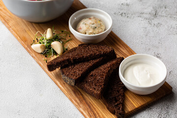 Borsht, bortsch, borshch, borscht. Soup, associated with cuisine of Eastern and Central Europe, especially Ukraine,