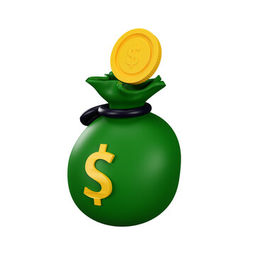 3d render green bag of money with dollar coin