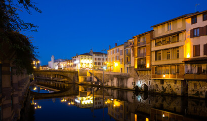 Fototapeta na wymiar Scenic twilight view of houses of Castres city on Agout river in Occitanie, France