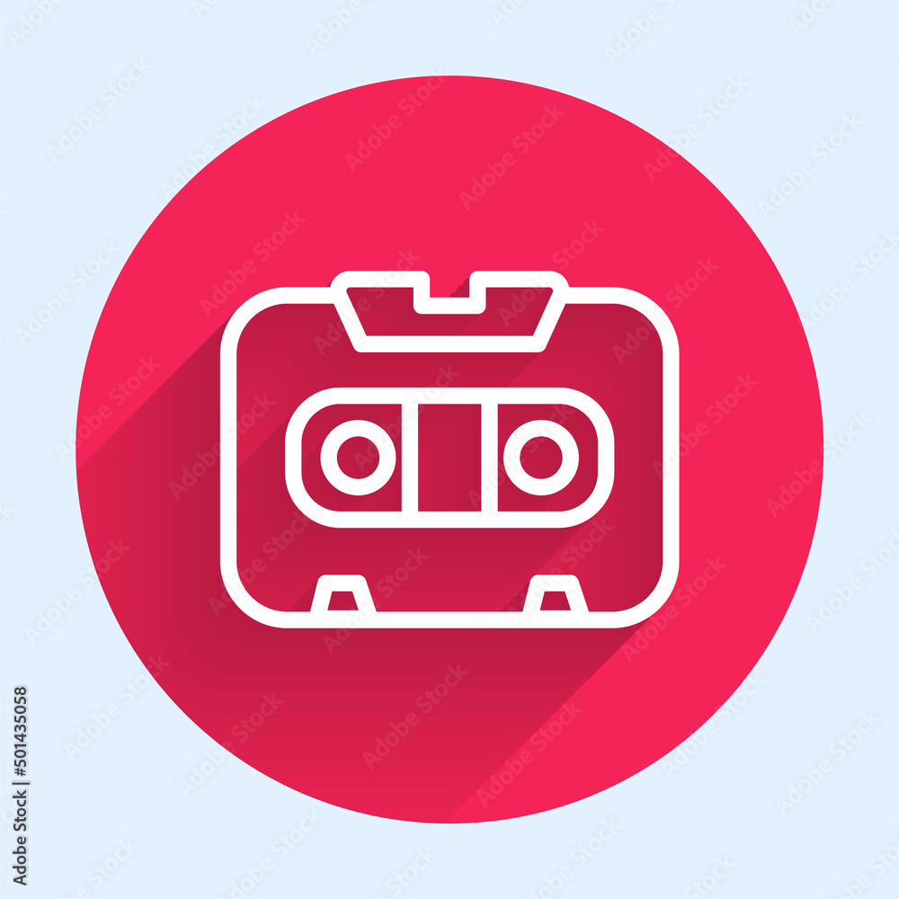 Poster white line retro audio cassette tape icon isolated with long shadow. red circle button. vector
