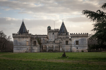 Fototapeta na wymiar Abandoned French castle, a chateau, for real estate sale, neglected, in the aquitaine region, in France, in a vineyard area, near Saint Emilion.....