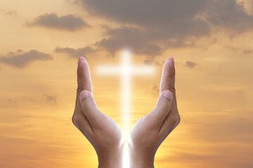 Hands bless the cross in the sky..