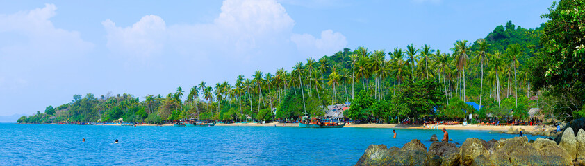 28 April 2022, Panorama of tropical beach, Koh Tonsay or Rabbit island in early morning, best place for relax, Kep Province, Cambodia