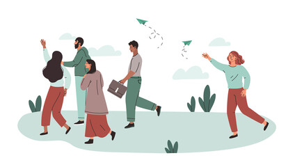 Competition in business concept. Young business people run forward, overcome obstacles and achieve success, and lagging entrepreneur tries to catch up with them. Cartoon flat vector illustration