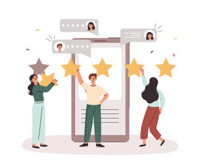 Customer Satisfaction Rating concept. Young men and women stand at large smartphone and give five stars. Users leave positive comments, reviews or feedback. Cartoon modern flat vector illustration