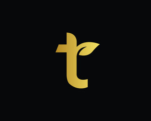 Fototapeta premium Golden Letter T Leaf Logo Design. A Leaf attached to letter T in a minimalist way. T Leaf Monogram.