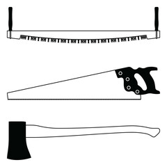 Splitting axe and crosscut saw. Tools for woodworking. Vector illustration