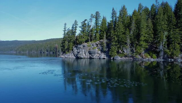 View of rocky point while flying over Odell Lake in Willamette Valley in Oregon