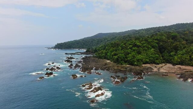 Aerial View Of Beautiful Secret Rocky Pacific Coast Beach In Colombia South America.