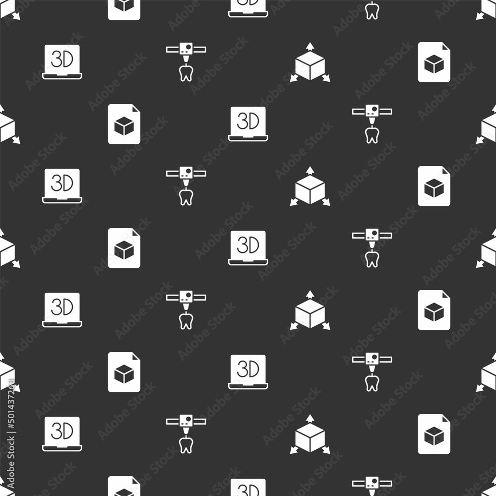 Poster set isometric cube, file, 3d printer and tooth on seamless pattern. vector
