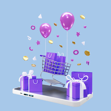 3d render online shopping sale concept with flying shopping chart and balloons