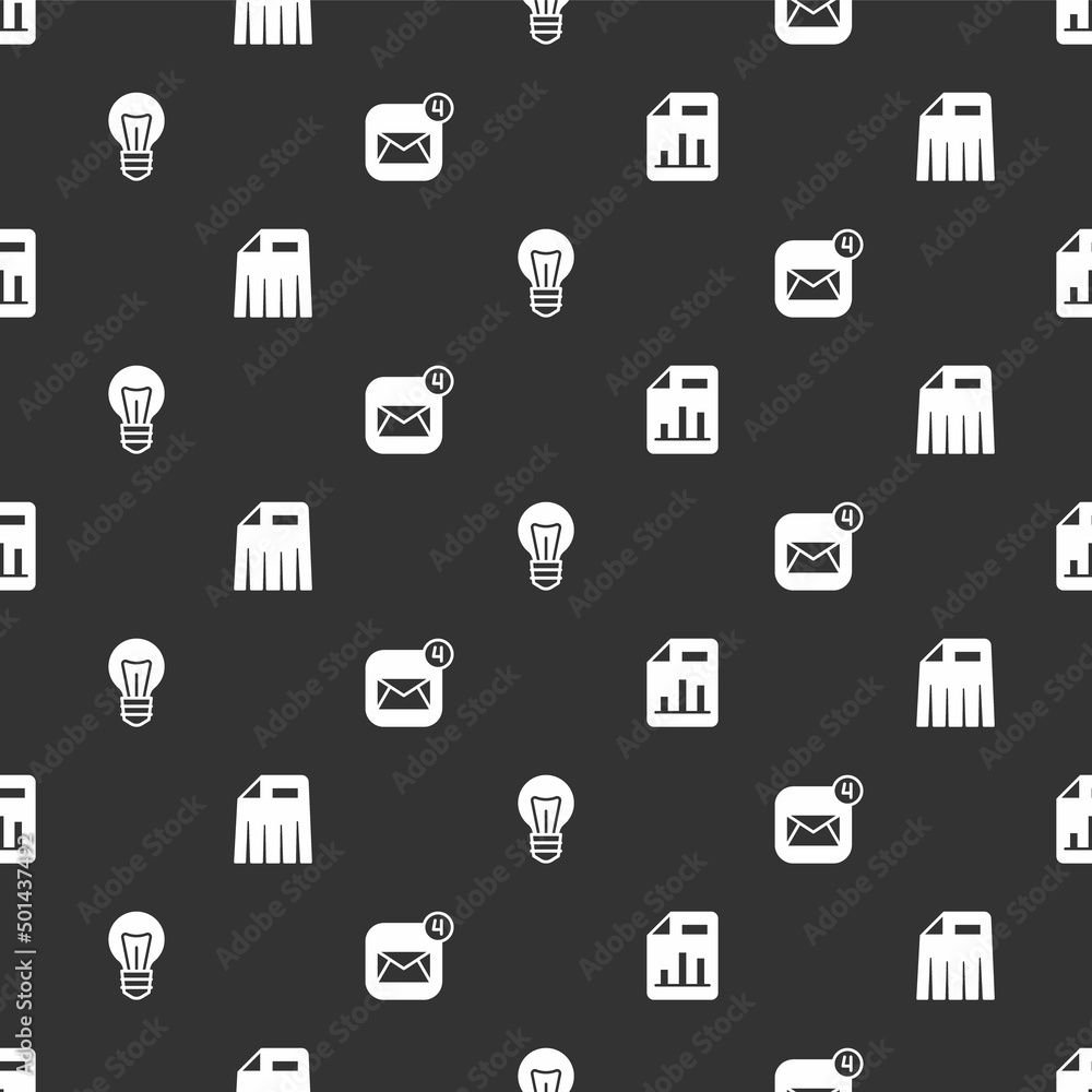 Poster set document with graph chart, paper shredder, light bulb and envelope on seamless pattern. vector