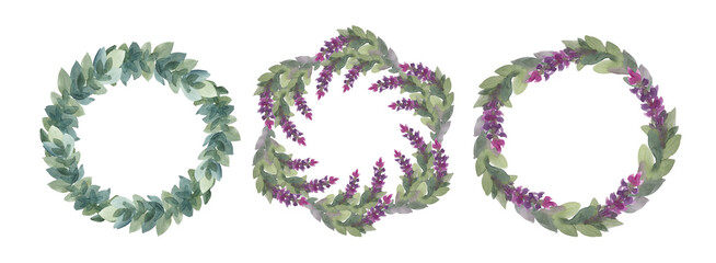 Set watercolor circle frame border template for design. Abstract branch with flower lavender or lilac and leaves isolated on white background. Hand-drawn summer plant. Clipart for wedding invitation