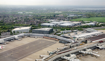 Aerial view of Heathrow Airport Terminal 4 with hotels - 501438659