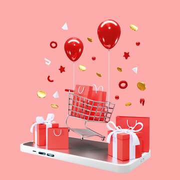 3d render online shopping sale concept with flying shopping chart and balloons