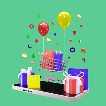 3d render online shopping sale concept with flying shopping chart and balloons