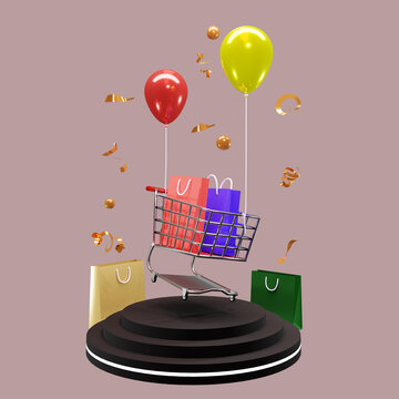 3d rendering of podium with flying shopping chart and balloons