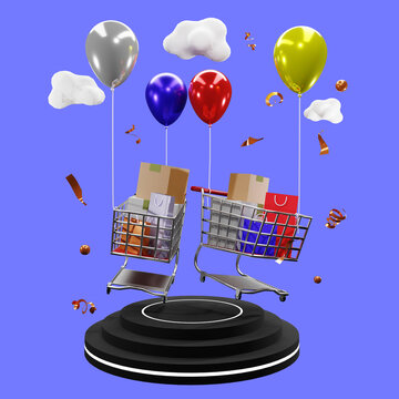 3d rendering of podium with flying shopping chart and balloons