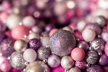 Glitter silver and pink glass baubles, Christmas ball decoration bg
