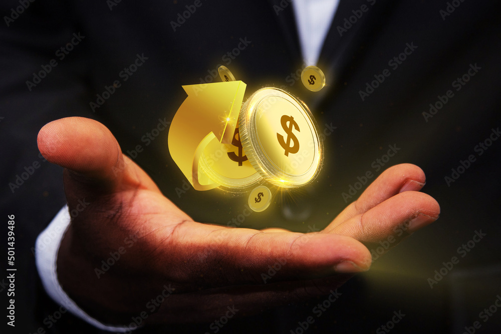 Poster 3d rendering of us dollar coins concept floating over palm of business man, digital currency suspend