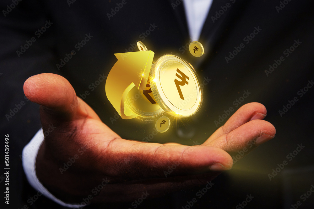 Poster 3d rendering of indian rupee coins concept floating over palm of business man, digital currency susp