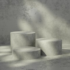 Abstract geometric composition with branch and shadow on the wall, Natural stone step pedestal. 3D render. Mock up for exhibitions.