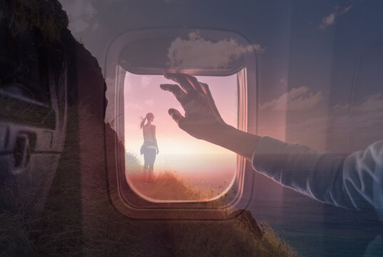 Freedom, and travel adventure. Woman traveling on airplane dreaming of adventure 