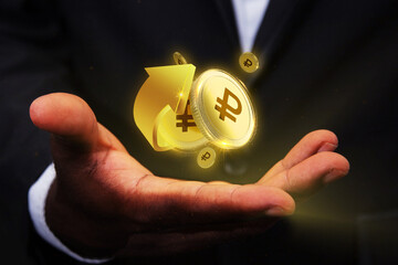 3d rendering of Russian ruble coins concept floating over palm of Business man, Digital currency suspending over hand. hologram in from palm