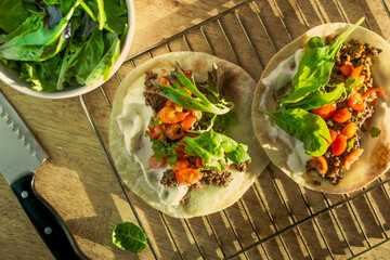 fresh tacos with bowl of salad. Mexican food